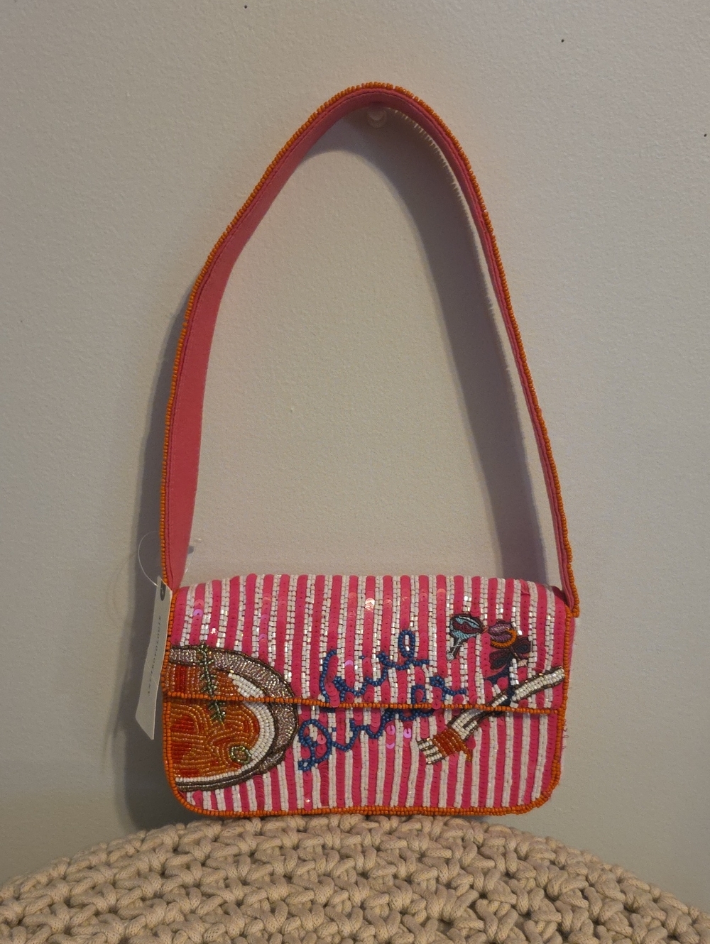 Anthropologie Pink Striped Beaded Shoulder Bag with Embroidered Motif